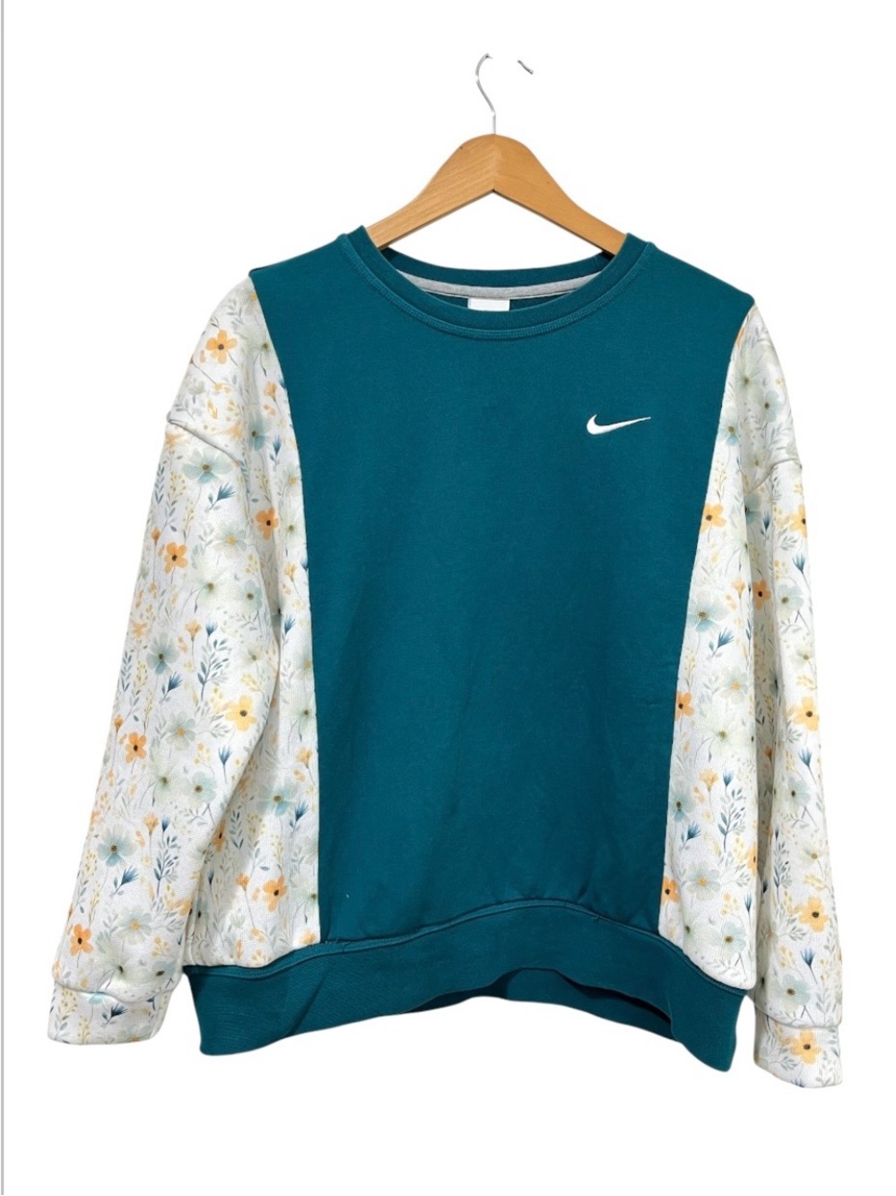 Nike Reworked Teal Crew Sweatshirt with White Floral Sleeves